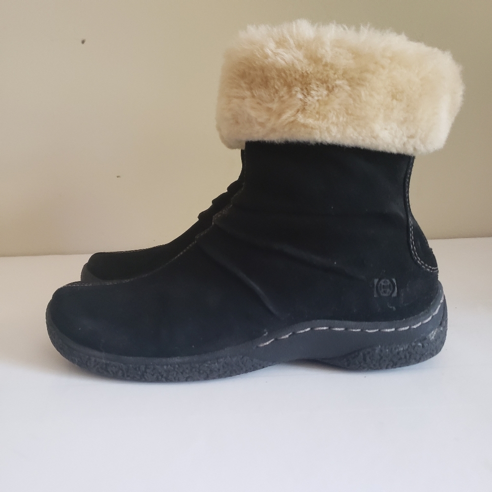 Earth Origins Black Suede Leather White Faux Fur Trim Winter Ankle Boots Size 7 - Picture 3 of 9